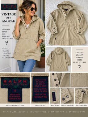 Vintage 90s RALPH Ralph Lauren Tartan Label Women’s M Khaki Cotton Anorak